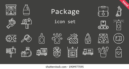 package icon set. line icon style. package related icons such as gift, conveyor, package, bag, delivery truck, first aid kit, perfume, detergent, shopping bag, mailbox, hairspray, mail truck, unboxing