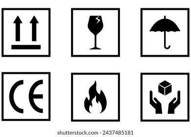 Package icon set. Logistic shipping cardboard labels. Side up, fragile box, keep away from water, umbrella, CE mark, stay away, fire warning, handling with care vector symbol.