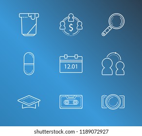 Package icon set and pill with yogurt, date and photography. Drug related package icon vector for web UI logo design.
