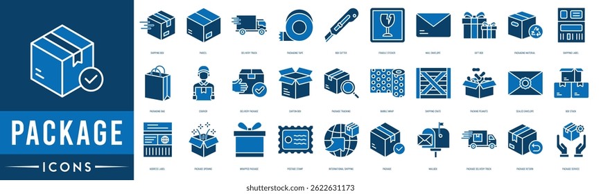 Package icon set. Shipping Box, Parcel, Delivery Truck, Packaging Tape, Box Cutter, Fragile Sticker, Mail Envelope and Gift Box