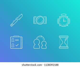 Package icon set and surgery with attention, time and meet up. Clock related package icon vector for web UI logo design.