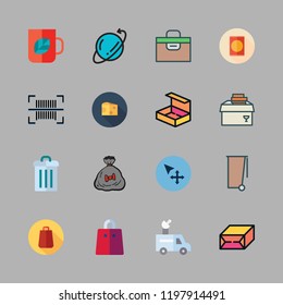 package icon set. vector set about move, garbage, tea cup and open box icons set.