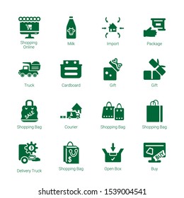 package icons. Editable 16 package icons. Included icons such as Shopping online, Milk, Import, Package, Truck, Cardboard, Gift, Shopping bag, Courier. trendy icons for web.