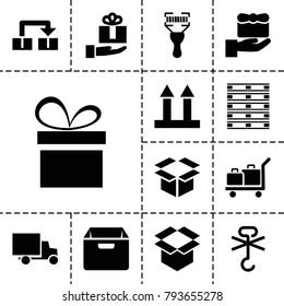 Package icons. set of 13 editable filled package icons such as gift, cargo arrow up, box, no cargo warning, bar code scanner, gift on hand, object move, luggage, present