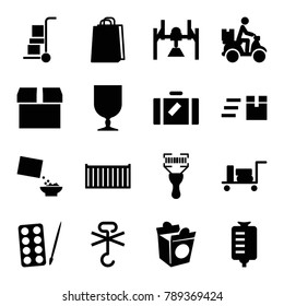 Package icons. set of 16 editable filled package icons such as luggage, paints, shopping bag, box, express delivery, take away food, drop counter, cereal, cargo box