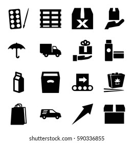 package icons set. Set of 16 package filled icons such as paints, shopping bag, chinese fast food, milk, cargo box, keep dry cargo, delivery car, cargo protection, box