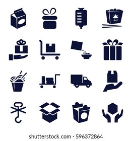 package icons set. Set of 16 package filled icons such as luggage, present, chinese fast food, take away food, drop counter, cereal, handle with care, box, no cargo warning