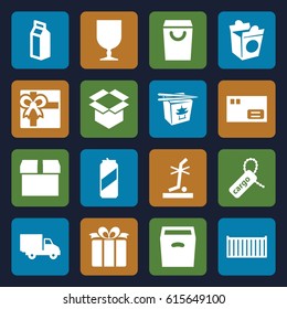 Package icons set. set of 16 package filled icons such as gift, chinese fast food, take away food, milk, cargo box, cargo tag, fragile cargo, box, no standing nearby
