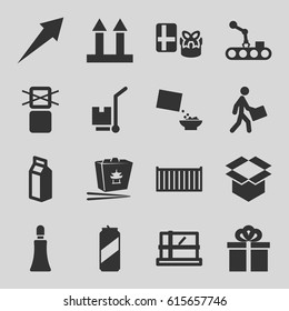 Package icons set. set of 16 package filled icons such as parcel, cream tube, chinese fast food, milk, cereal, cargo box, cargo arrow up, box, courier, gift, beer can