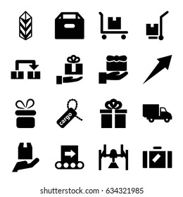 Package icons set. set of 16 package filled icons such as luggage, present, cargo tag, cargo, delivery car, gift, conveyor, gift on hand, object move, arrow
