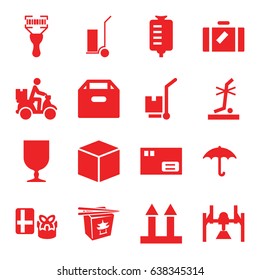 Package icons set. set of 16 package filled icons such as luggage, cart cargo, chinese fast food, drop counter, cargo arrow up, no standing nearby, bar code scanner