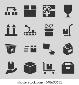Package icons set. set of 16 package filled icons such as present, gift, chinese fast food, take away food, cereal, cargo arrow up, fragile cargo, conveyor and robot arm