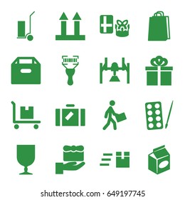 Package icons set. set of 16 package filled icons such as luggage, paints, shopping bag, cart cargo, take away food, cargo arrow up, bar code scanner, courier, gift, box