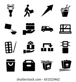 Package icons set. set of 16 package filled icons such as parcel, paints, chinese fast food, cereal, cargo only in box allowed, bar code scanner, courier, delivery car