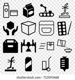 Package icons set. set of 16 package filled and outline icons such as paints, take away food, drop counter, handle with care, no standing nearby, beer can