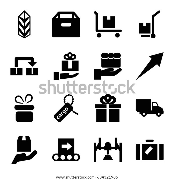 Package icons set. set of 16 package\
filled icons such as luggage, present, cargo tag, cargo, delivery\
car, gift, conveyor, gift on hand, object move,\
arrow