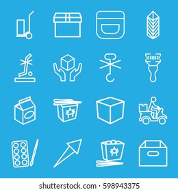 package icons set. Set of 16 package outline icons such as paints, cream, cart cargo, chinese fast food, take away food, handle with care, no standing nearby, no cargo warning