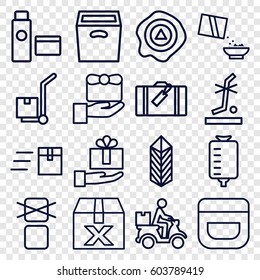 Package icons set. set of 16 package outline icons such as luggage, cream, drop counter, cereal, arrow up, no standing nearby, cargo only in box allowed, cargo, cargo on cart