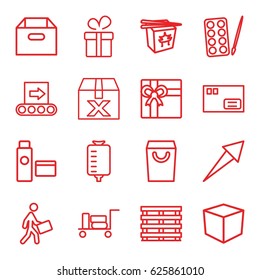 Package icons set. set of 16 package outline icons such as luggage, paints, present, gift, chinese fast food, drop counter, cargo box, courier, cream tube, conveyor, parcel