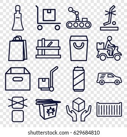 Package icons set. set of 16 package outline icons such as parcel, cream tube, shopping bag, chinese fast food, cargo box, handle with care, no standing nearby