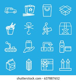 Package icons set. set of 16 package outline icons such as gift, chinese fast food, take away food, cargo arrow up, box, no cargo warning, courier, delivery car, cream tube