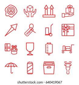 Package icons set. set of 16 package outline icons such as luggage, gift, cart cargo, drop counter, cargo tag, handle with care, arrow up, bar code scanner, box, beer can