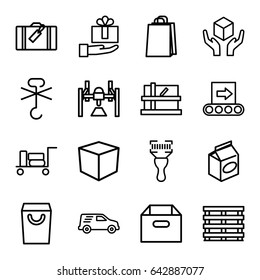 Package icons set. set of 16 package outline icons such as luggage, parcel, shopping bag, take away food, cargo box, handle with care, no cargo warning, bar code scanner