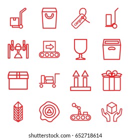 Package icons set. set of 16 package outline icons such as luggage, cart cargo, cargo tag, handle with care, arrow up, present, box, conveyor, conveyor and robot arm
