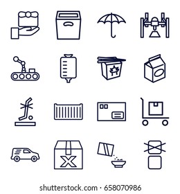 Package icons set. set of 16 package outline icons such as chinese fast food, take away food, drop counter, cereal, cargo box, keep dry cargo, no standing nearby, delivery car