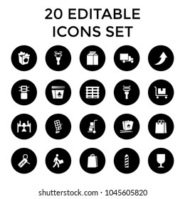 Package icons. set of 20 editable filled package icons such as shopping bag, chinese fast food, take away food, box, cargo box. best quality package elements in trendy style.
