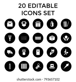Package icons. set of 20 editable filled package icons such as paints, milk, arrow, cargo box, cargo tag, handle with care, box. best quality package elements in trendy style.