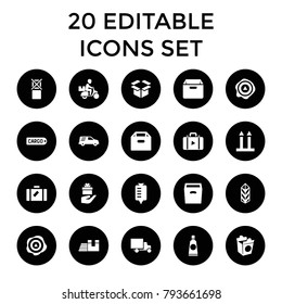 Package icons. set of 20 editable filled package icons such as luggage, box, take away food, drop counter, arrow up, cargo. best quality package elements in trendy style.