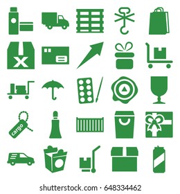 Package icons set. set of 25 package filled icons such as luggage, paints, present, cream tube, gift, shopping bag, take away food, cargo box, cargo tag, arrow up