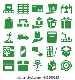 Package icons set. set of 25 package filled icons such as paints, cream, gift, shopping bag, chinese fast food, take away food, cereal, cargo box, box, arrow up