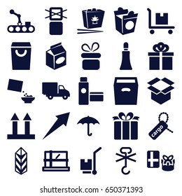 Package icons set. set of 25 package filled icons such as parcel, present, cream tube, chinese fast food, take away food, cereal, cargo tag, cargo arrow up, box, delivery car