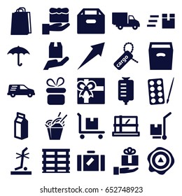 Package icons set. set of 25 package filled icons such as luggage, parcel, paints, present, gift, shopping bag, chinese fast food, drop counter, milk, cargo box, cargo tag