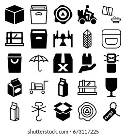 Package icons set. set of 25 package filled and outline icons such as parcel, take away food, milk, cargo tag, fragile cargo, box, arrow up, courier on motorcycle