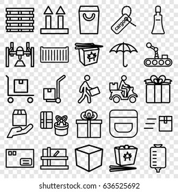 Package icons set. set of 25 package outline icons such as parcel, cream tube, cream, chinese fast food, drop counter, cargo box, cargo tag, courier, courier on motorcycle