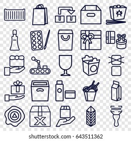 Package icons set. set of 25 package outline icons such as paints, cream tube, gift, shopping bag, chinese fast food, take away food, milk, cargo box, fragile cargo, arrow up