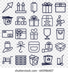 Package icons set. set of 25 package outline icons such as luggage, present, cream, gift, cart cargo, chinese fast food, take away food, drop counter, cargo box, box, courier