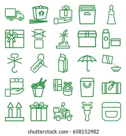Package icons set. set of 25 package outline icons such as luggage, cream tube, cream, gift, chinese fast food, milk, cereal, cargo tag, cargo arrow up, no standing nearby