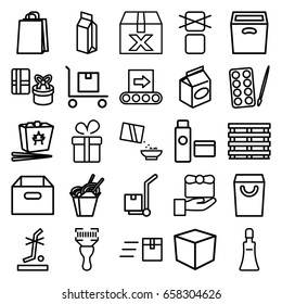 Package icons set. set of 25 package outline icons such as paints, present, cream tube, shopping bag, chinese fast food, take away food, milk, cereal, cargo box