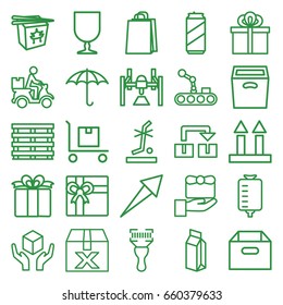 Package icons set. set of 25 package outline icons such as gift, shopping bag, chinese fast food, drop counter, milk, cargo box, cargo arrow up, handle with care