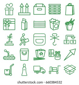 Package icons set. set of 25 package outline icons such as luggage, present, cream tube, cream, gift, shopping bag, chinese fast food, take away food, milk, cargo box