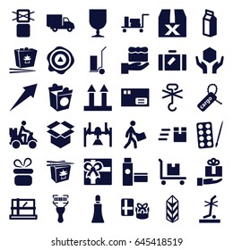 Package icons set. set of 36 package filled icons such as luggage, parcel, paints, present, cream tube, gift, cart cargo, chinese fast food, take away food, milk, cargo tag