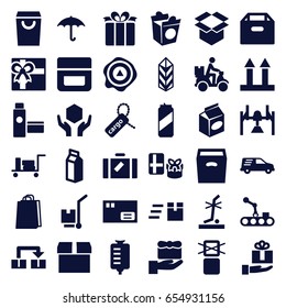 Package icons set. set of 36 package filled icons such as luggage, cream, gift, shopping bag, take away food, drop counter, milk, cargo tag, cargo arrow up, handle with care
