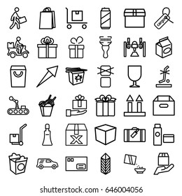 Package icons set. set of 36 package outline icons such as luggage, present, cream tube, shopping bag, chinese fast food, take away food, cereal, cargo tag, cargo arrow up