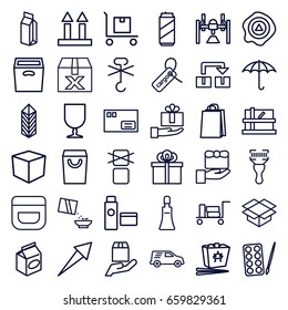 Package icons set. set of 36 package outline icons such as luggage, parcel, paints, cream tube, cream, shopping bag, chinese fast food, take away food, milk, cereal, cargo tag