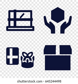 Package icons set. set of 4 package filled icons such as parcel, handle with care, box