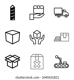 Package icons. set of 9 editable outline package icons such as box, gift, handle with care, delivery car, conveyor and robot arm, express delivery, question box